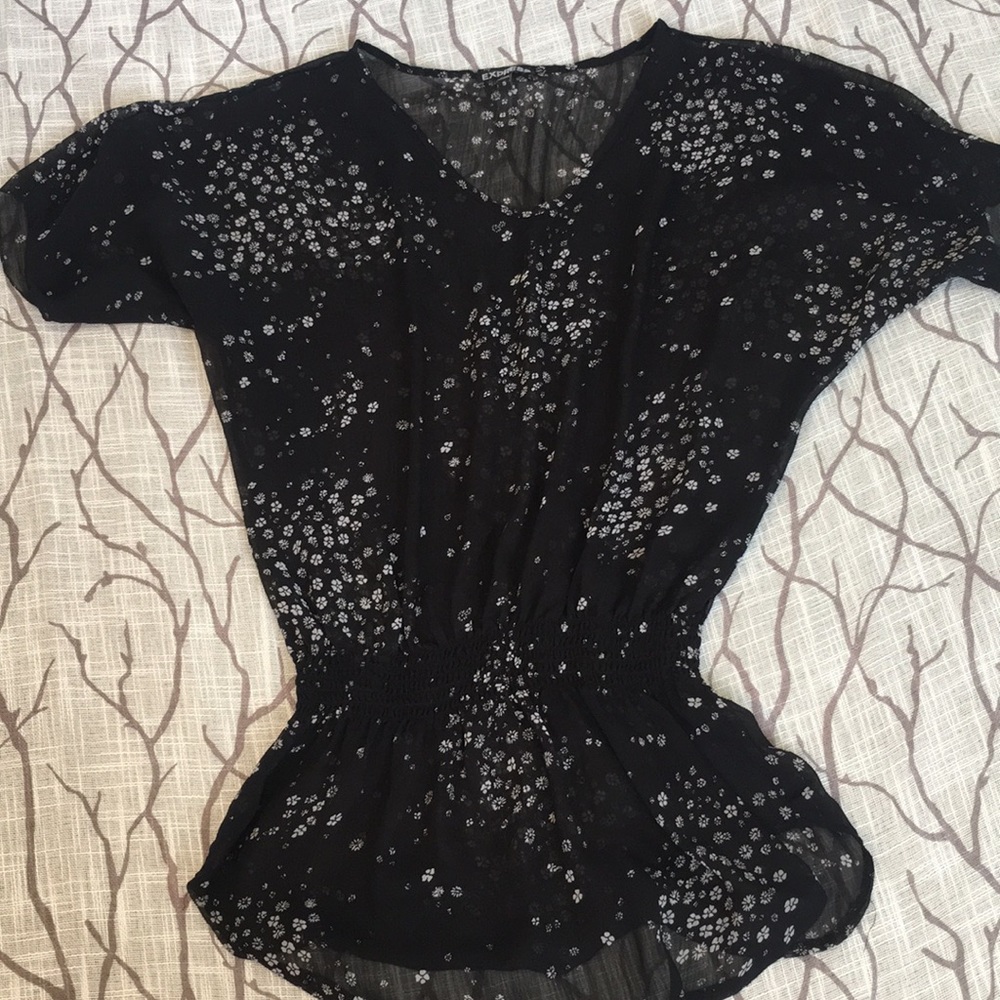 Express Pretty Flower Print Sheer Black Tunic
